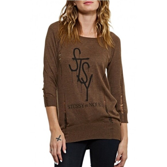 Stussy En Noir Knitwear Destroyed Sweater top Size Small Distressed Brown Grunge - Picture 1 of 16